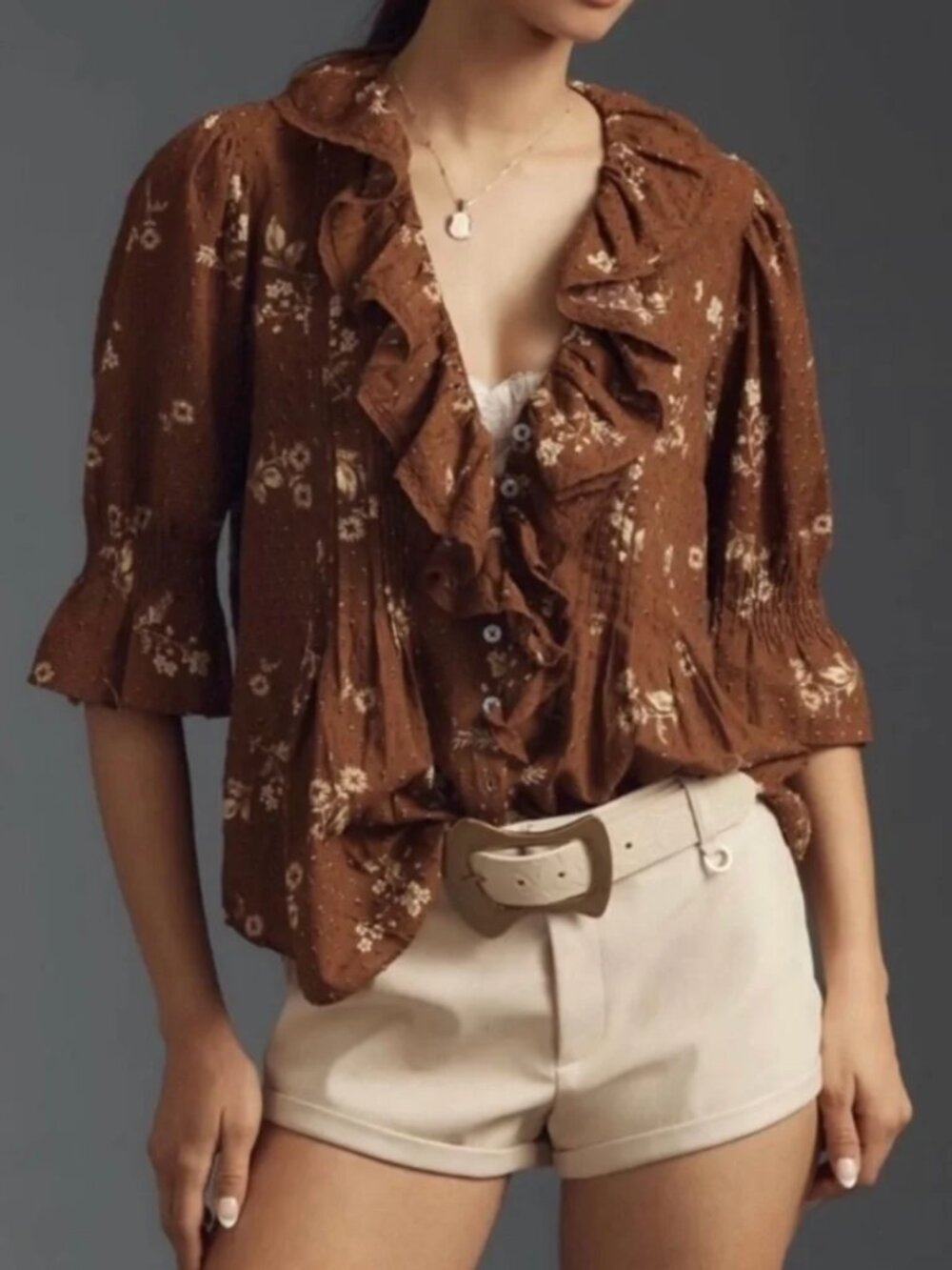 Anthropologies Ruffled Pin-Tuck Button Front Blouse - Brown - sz XXS